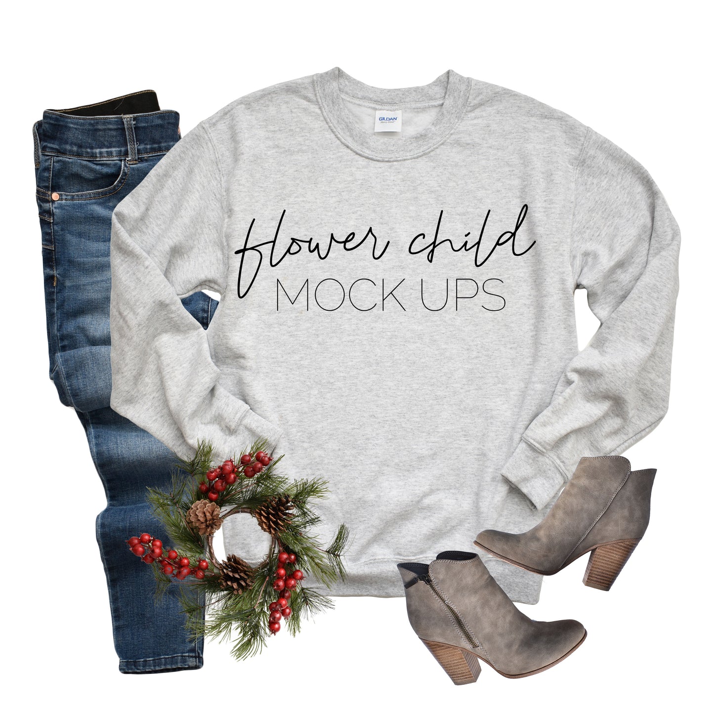 Gildan 180 Ash Sweatshirt Christmas Mockup - flowerchildmockups