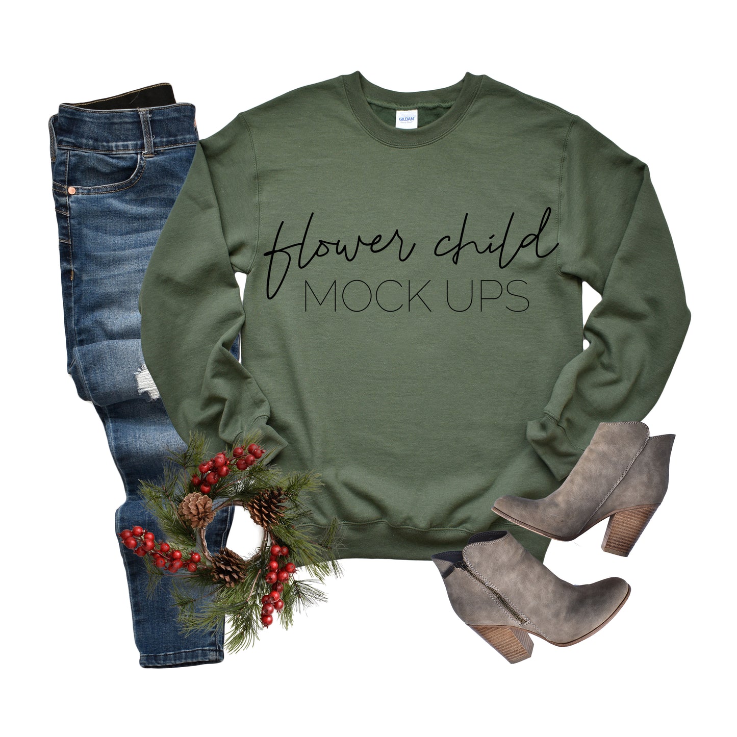 Gildan 180 Military Green Christmas Mockup - flowerchildmockups
