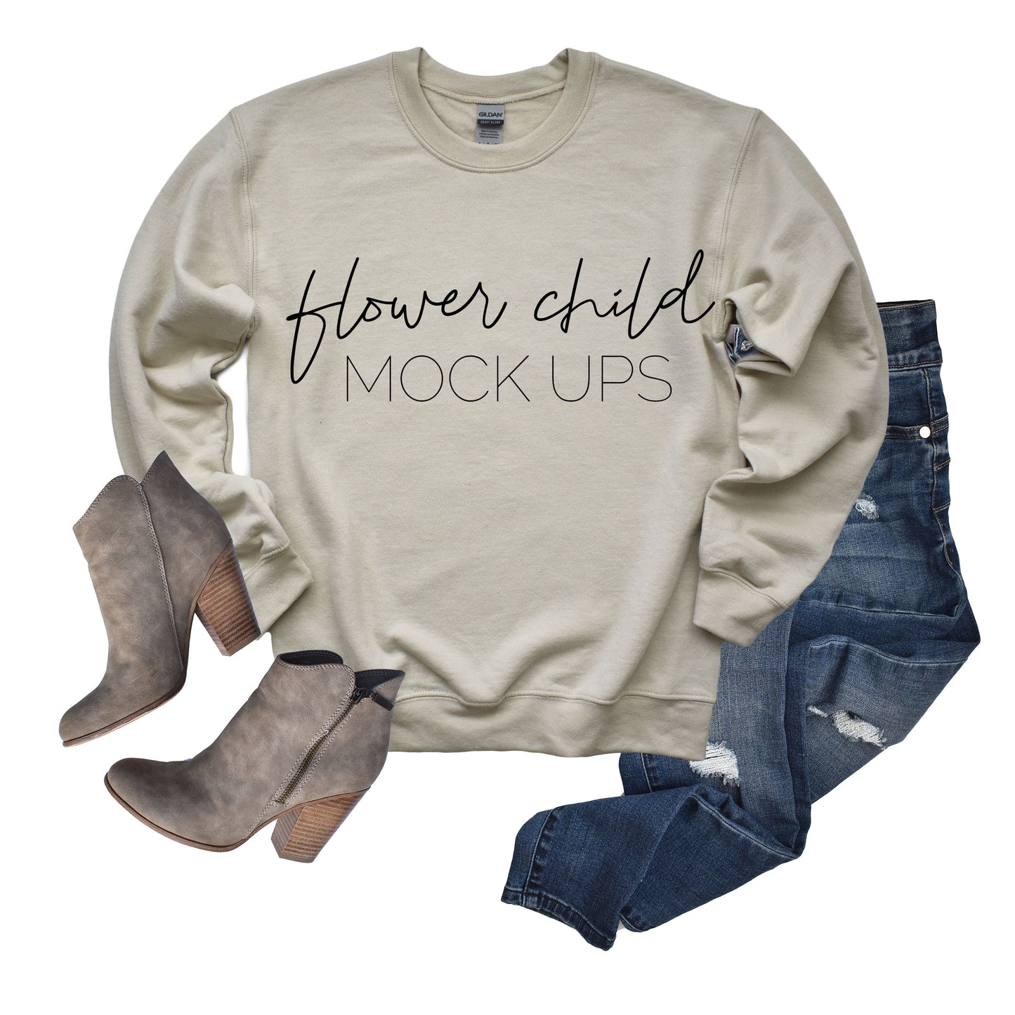Gildan 18000 Sand Sweatshirt Mockup - flowerchildmockups