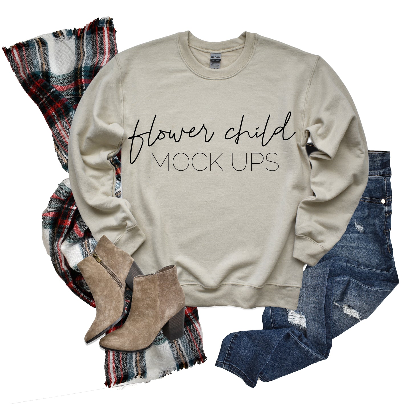 Gildan 18000 Sand Sweatshirt Mockup - flowerchildmockups