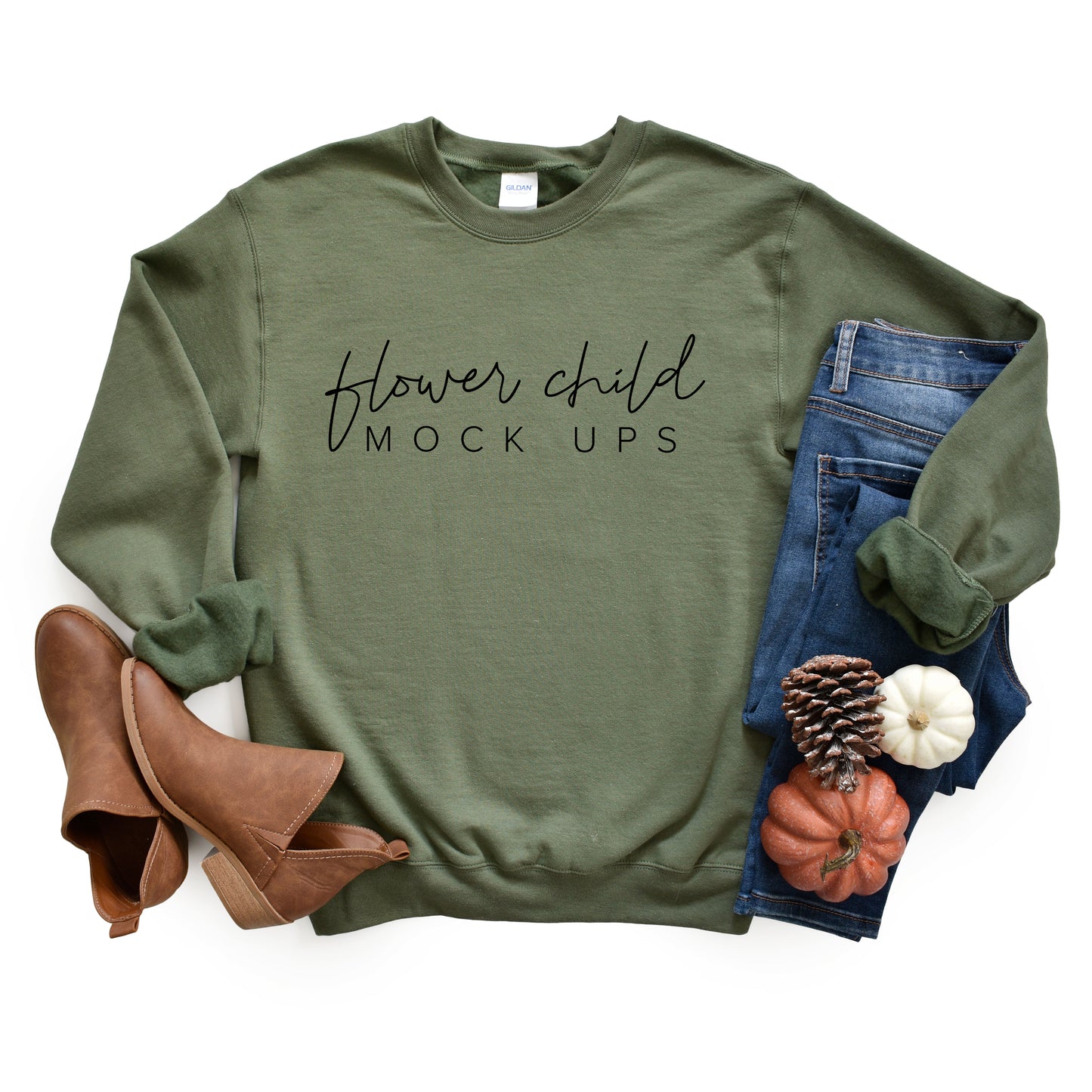 Gildan 180000 Military Green Mockup Fall Flatlay