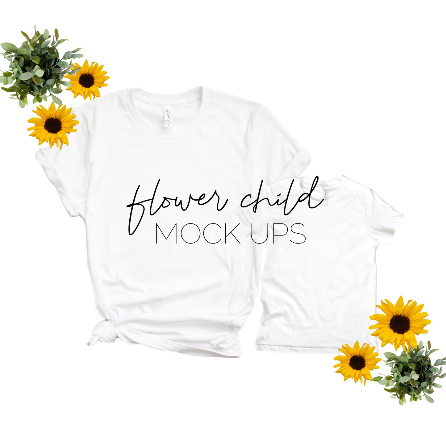 Bella Canvas 3001 White Mommy and Me Floral Mockup - flowerchildmockups