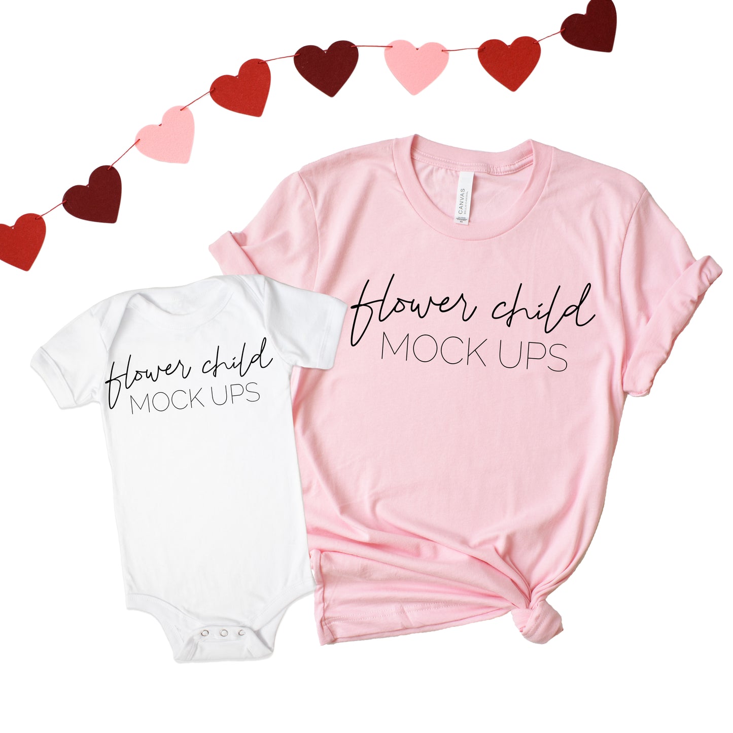 Bella Canvas 3001 Soft Pink Mommy and Me Valentine's Day Mockup - flowerchildmockups