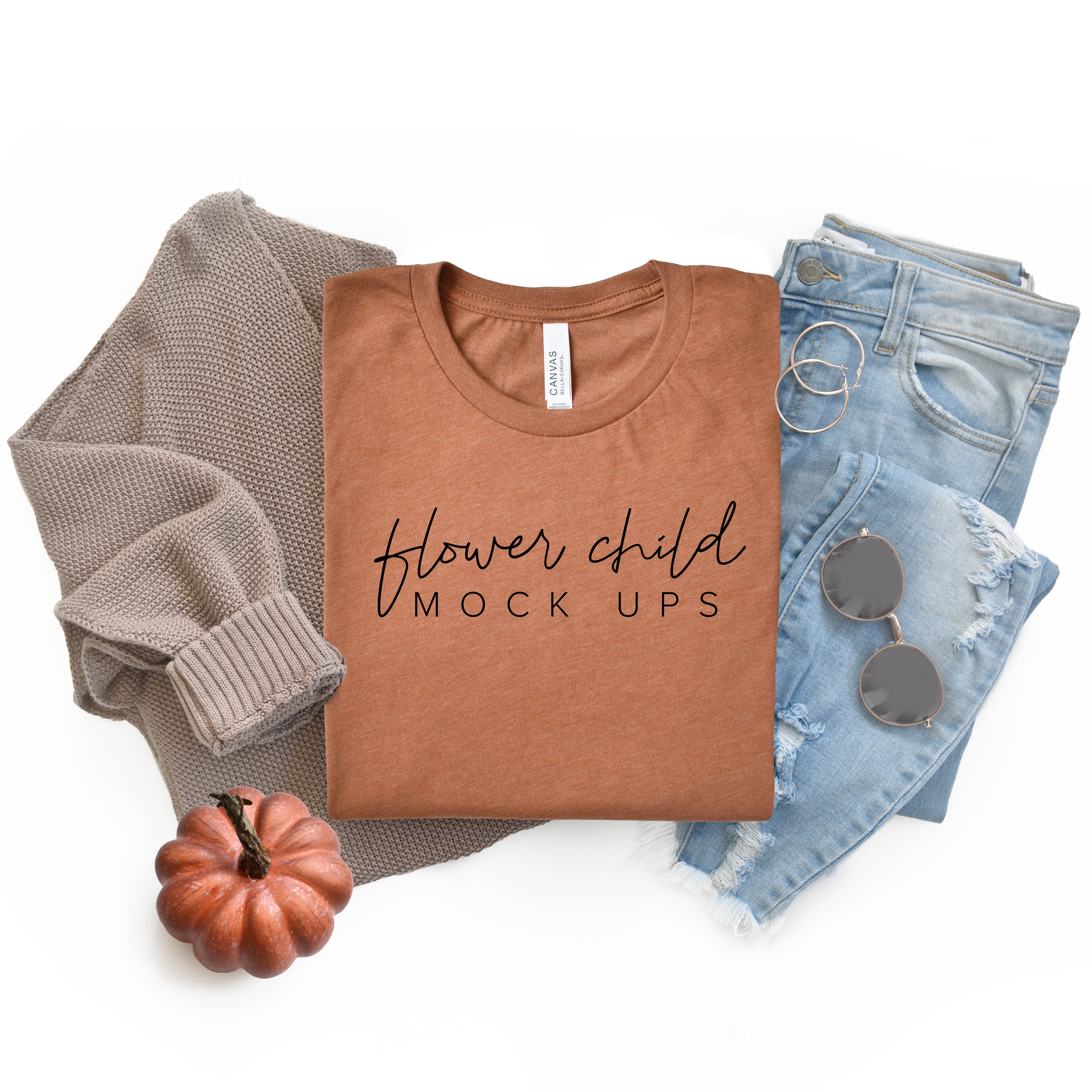 Bella Canvas 3001 Heather Autumn Fall Flatlay mockup – Flower Child Mock-ups