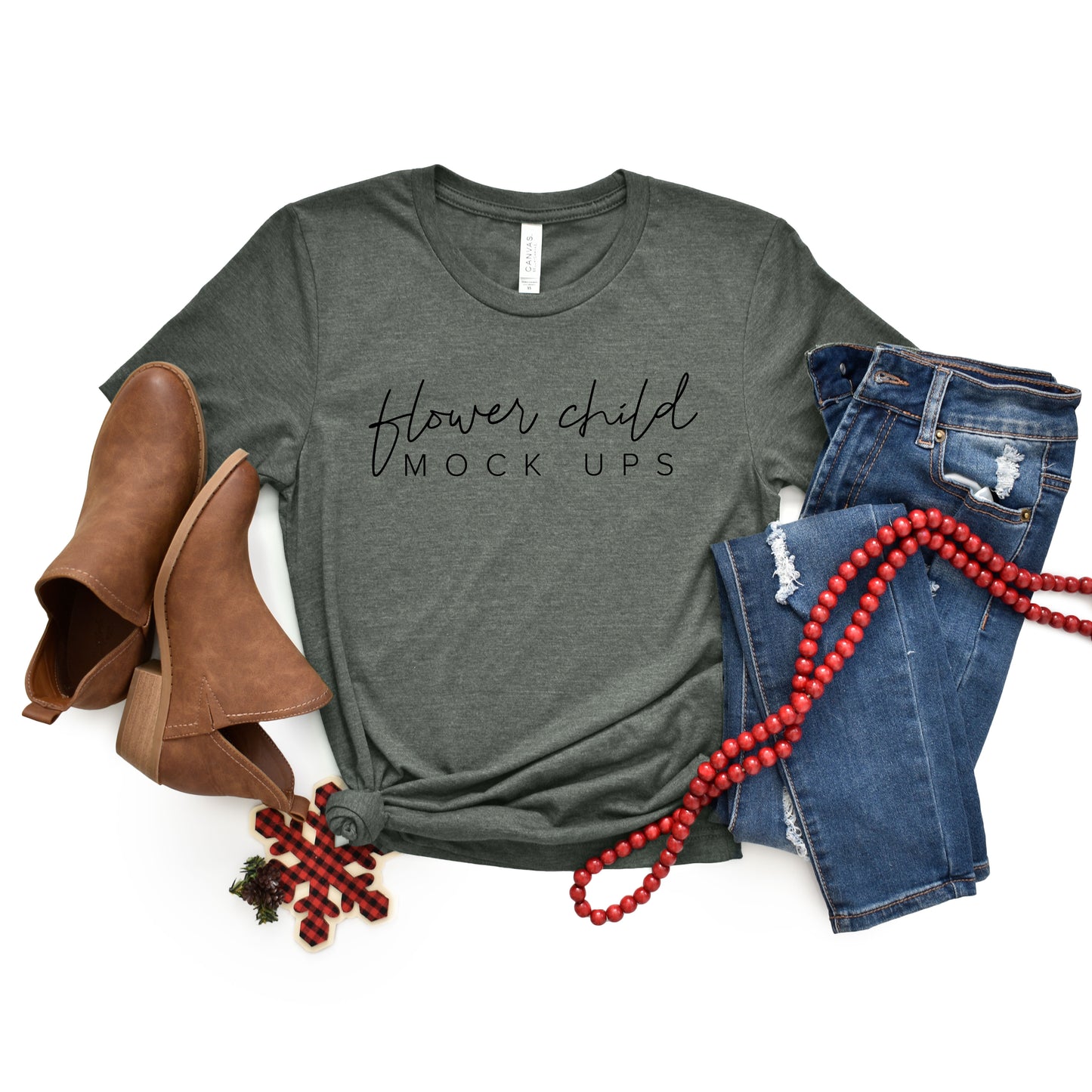 Bella Canvas 3001 Heather Military Green Mockup Christmas Flatlay