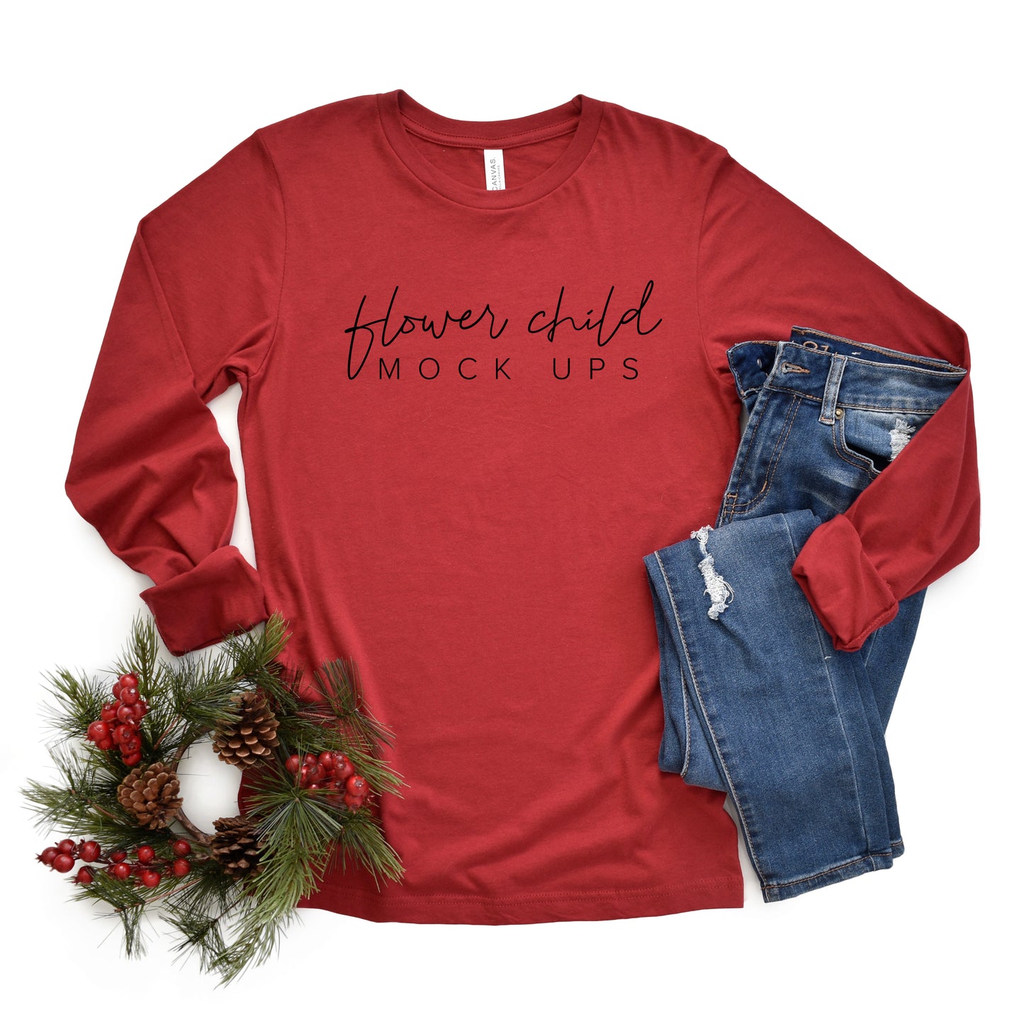 Bella Canvas 3501 Cardinal Mockup Christmas Flatlay