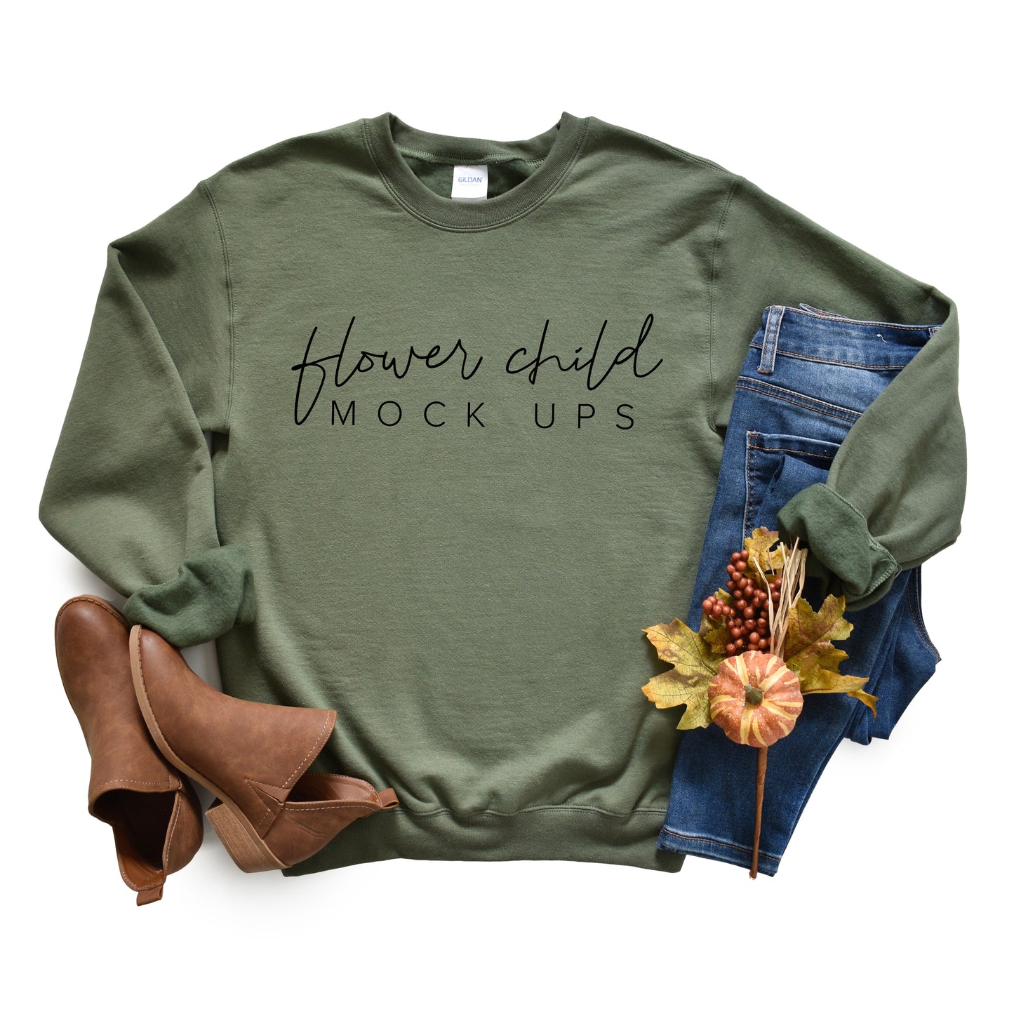 Gildan 180000 Military Green Mockup Fall Flatlay