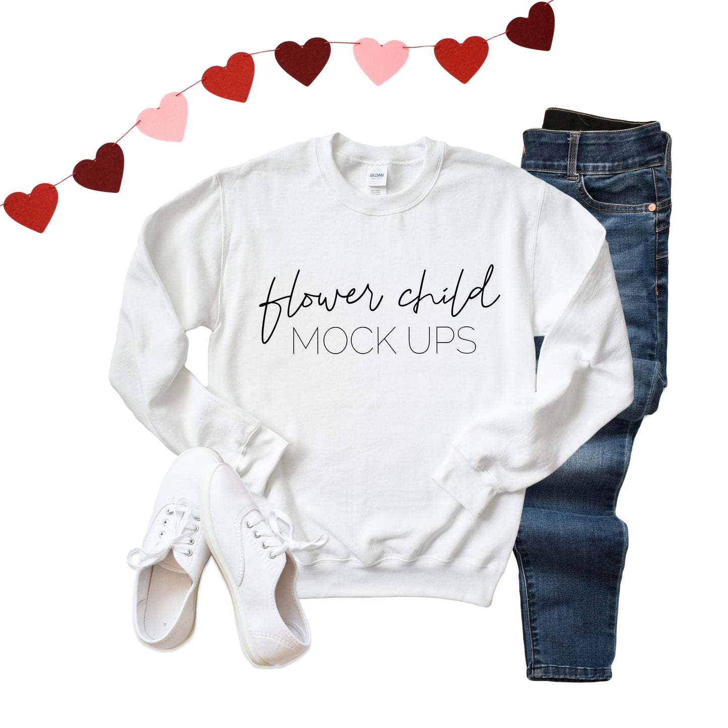 Gildan 180 White Sweatshirt Valentine's Day Mockup - flowerchildmockups