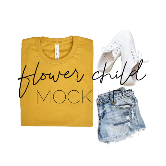 Bella Canvas 3001 Mock-up Mustard Folded Styled - flowerchildmockups