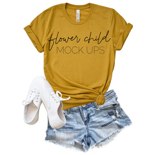 Bella Canvas 3001 Heather Mustard Spring Summer Mockup - flowerchildmockups