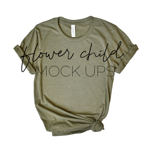 Bella Canvas 3001 Mock-up Heather Olive Side Knot - flowerchildmockups