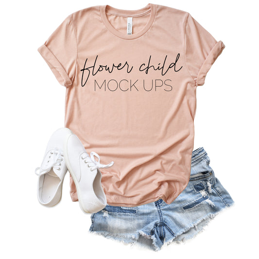 Bella Canvas 3001 Heather Peach Spring Summer Mockup - flowerchildmockups