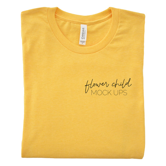 Bella Canvas 3001 Heather Yellow Gold Tshirt Mockup Folded - flowerchildmockups