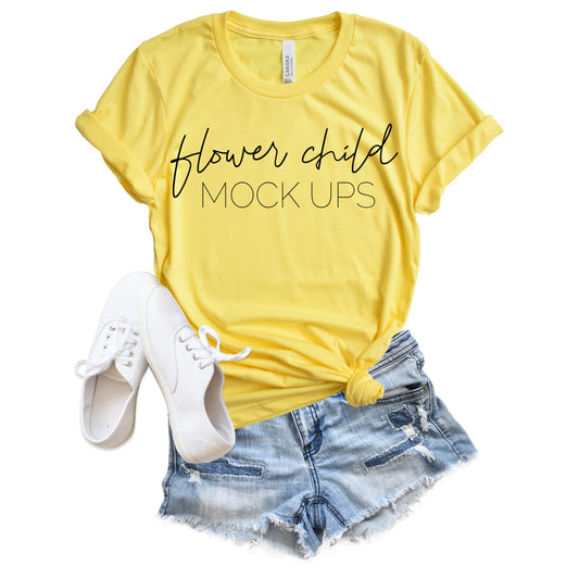 Bella Canvas 3001 Heather Yellow Spring Summer Mockup - flowerchildmockups