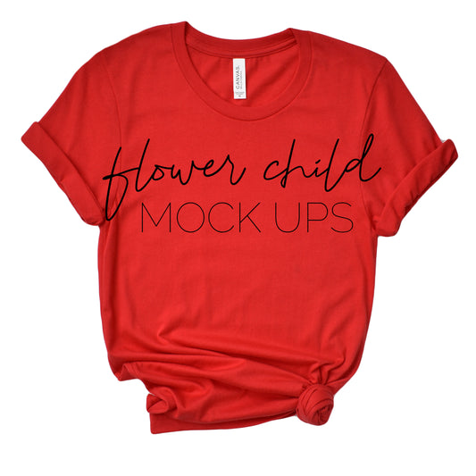 Bella Canvas 3001 Red Side Knot Mockup - flowerchildmockups