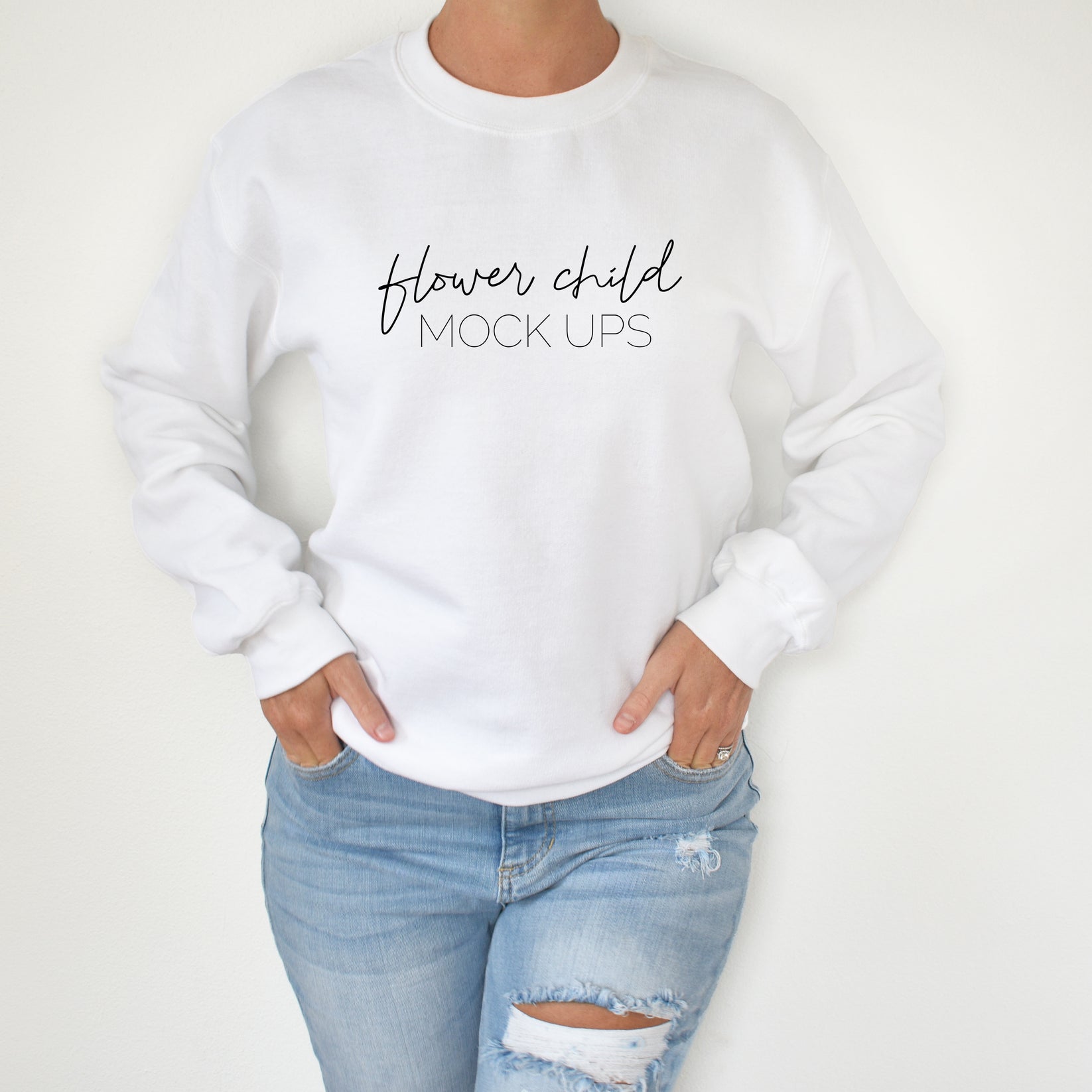 Gildan 18000 White Mockup Model – Flower Child Mock-ups