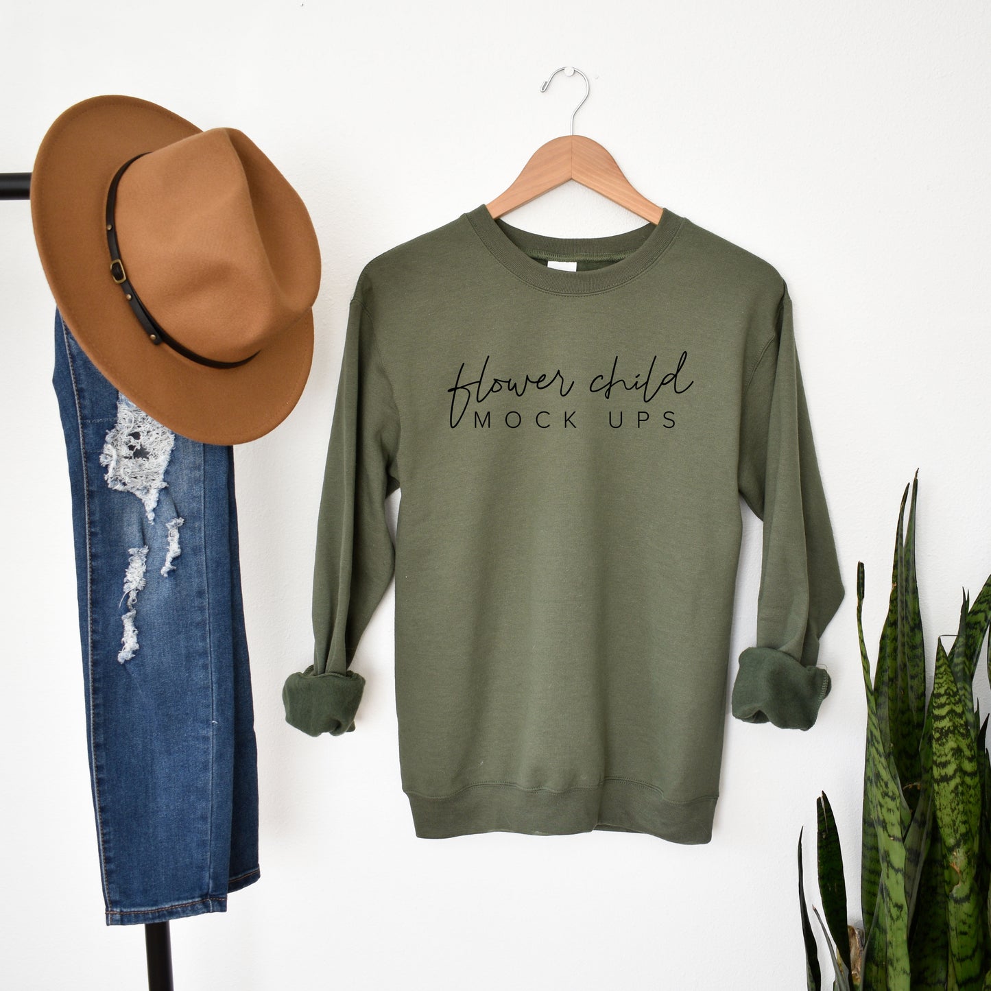 Gildan 180000 Military Green Mockup Hanging Boho