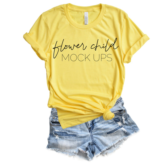 Bella Canvas 3001 Heather Yellow Spring Summer Mockup - flowerchildmockups