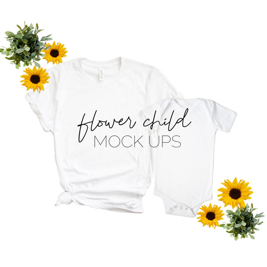 Bella Canvas 3001 White Mommy and Me Onesie Floral Mockup - flowerchildmockups